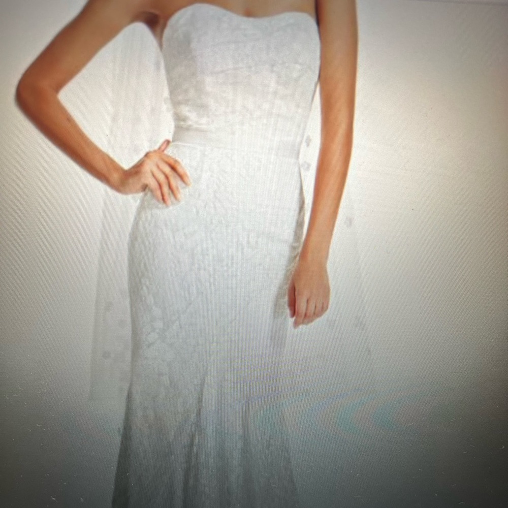 David’s Bridal strapless lace overlay. Size 10 tall.
